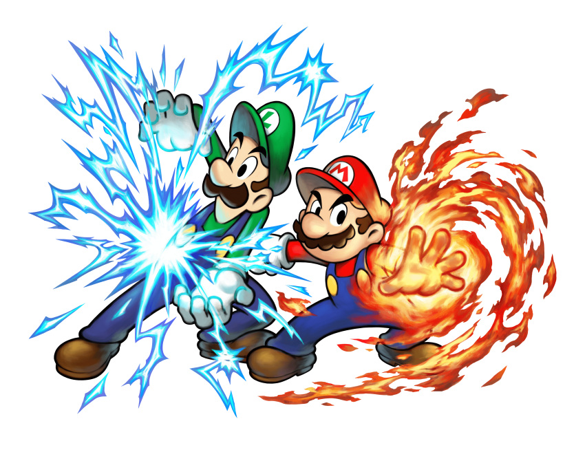 2boys absurdres brothers electricity facial_hair fire full_body highres luigi mario mario_&amp;_luigi:_superstar_saga mario_&amp;_luigi_rpg mario_&amp;_luigi_rpg_(style) mario_(series) multiple_boys mustache official_art siblings transparent_background