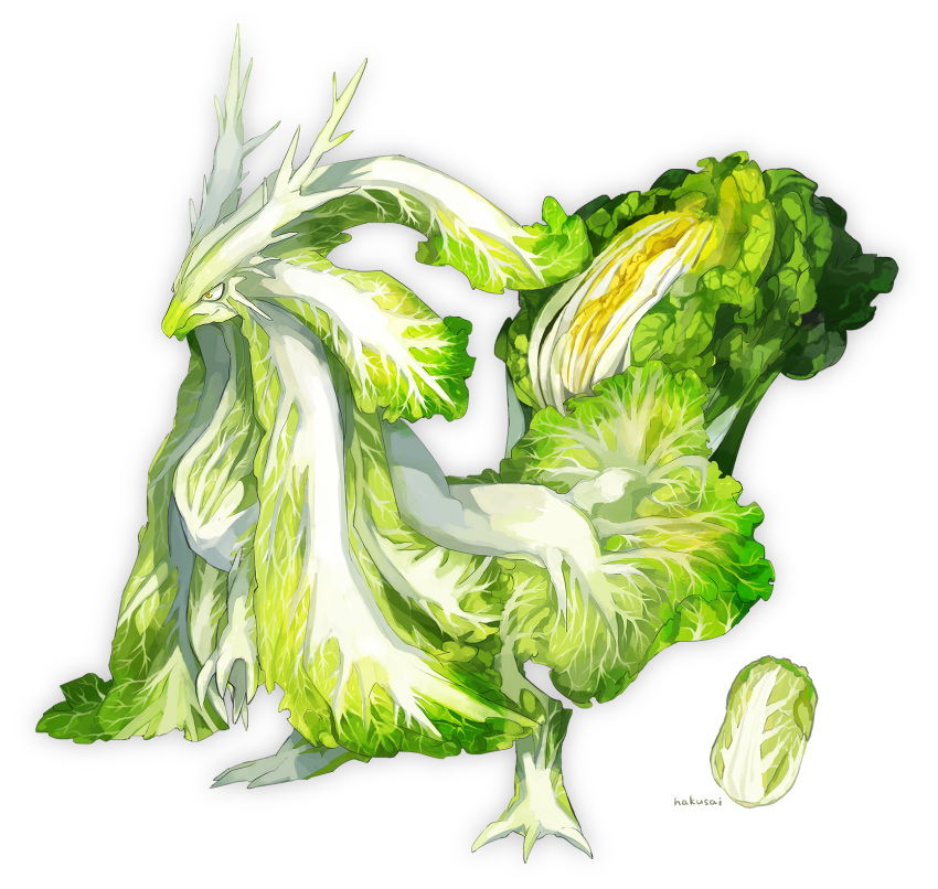 animal animal_focus closed_mouth dragon food_focus full_body green_theme highres horns napa_cabbage no_humans omarumaru original simple_background smile solo white_background