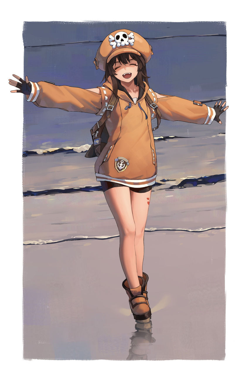 1girl absurdres anchor_symbol backpack bag bangs beach bike_shorts black_gloves black_shorts boots border brown_hair closed_eyes closed_mouth clothing_cutout facing_viewer fangs fingerless_gloves full_body gloves guilty_gear guilty_gear_strive hair_between_eyes heart highres hood hoodie kirsen leg_tattoo long_hair long_sleeves may_(guilty_gear) orange_footwear orange_headwear orange_hoodie outdoors outstretched_arms shorts shoulder_cutout skull_and_crossbones smile solo spread_arms tattoo walking water white_border