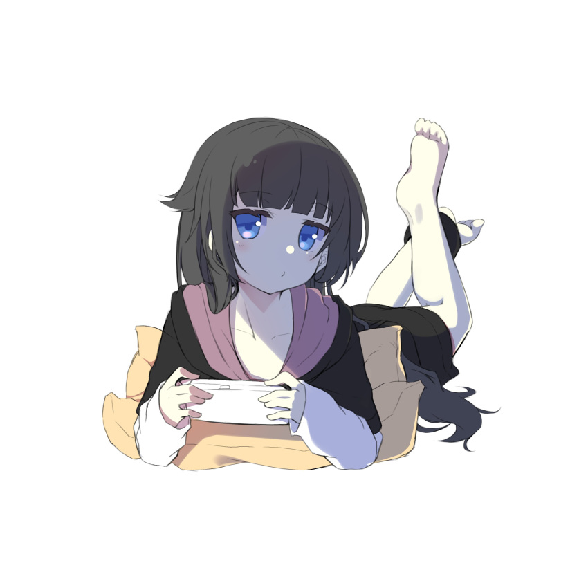 1girl absurdres bangs barefoot black_hair black_hoodie black_skirt blue_eyes closed_mouth collarbone commentary_request full_body handheld_game_console highres holding hood hood_down hoodie layered_sleeves legs_up long_hair long_sleeves looking_at_viewer lying on_stomach original pillow redrawn shirasu_youichi short_over_long_sleeves short_sleeves simple_background skirt sleeves_past_wrists soles solo very_long_hair white_background