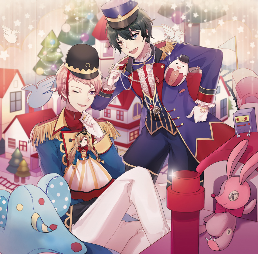 2boys black_hair blue_eyes doll ensemble_stars! formal hat heterochromia highres itsuki_shu kagehira_mika long_sleeves looking_at_viewer mademoiselle_(ensemble_stars!) male_focus multiple_boys pink_hair purple_eyes short_bangs short_hair stuffed_animal stuffed_bunny stuffed_toy yamacha_(wly) yellow_eyes