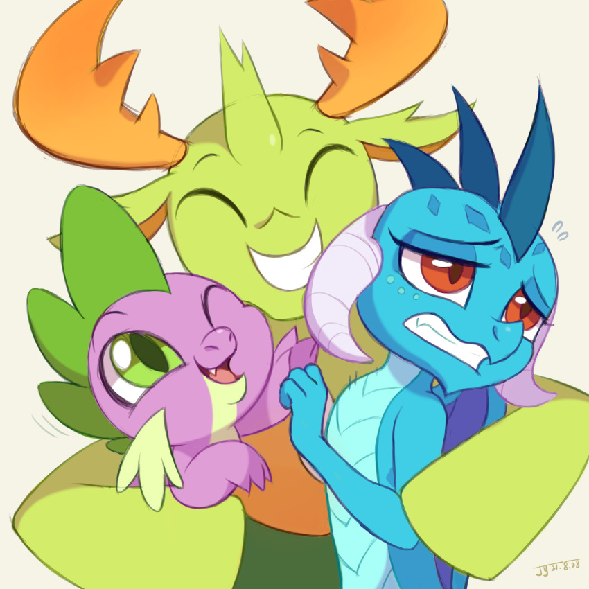 1:1 2021 2_horns absurd_res amber_eyes anthro arthropod blue_body blue_scales changeling dated daww digital_drawing_(artwork) digital_media_(artwork) dragon drtuo embrace eyes_closed female feral friendship_is_magic green_body green_eyes group group_hug happy hasbro hi_res horn hug male my_little_pony one_eye_closed open_mouth open_smile princess_ember_(mlp) purple_body purple_scales scales scene_interpretation signature simple_background smile spike_(mlp) spines thorax_(mlp) trio tsundere white_background