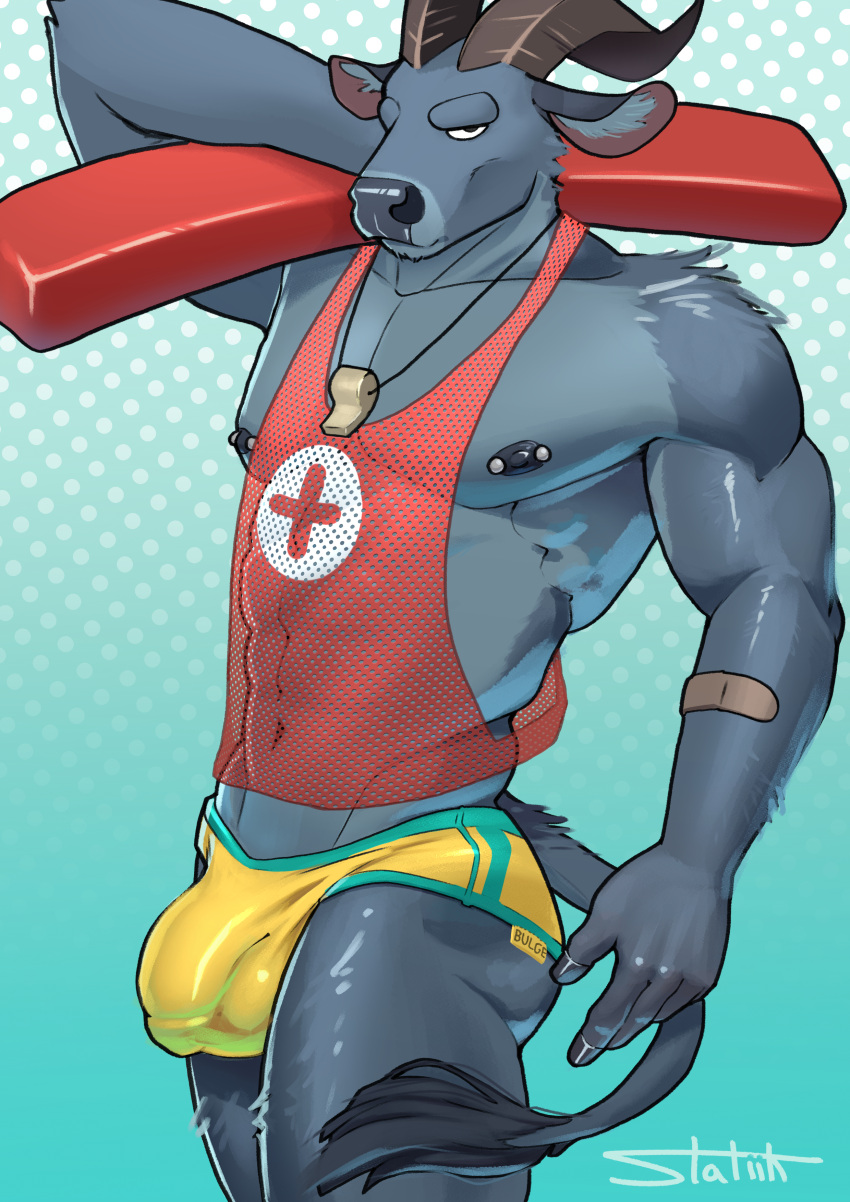 abs absurd_res anthro band-aid bandage blue_body blue_fur bovid bovine bulge butt clothing detailed_bulge fingers fur genital_outline glistening glistening_body glistening_bulge glistening_skin hi_res hooved_fingers hooves horn lifeguard looking_at_viewer male mammal mesh_top muscular muscular_anthro muscular_arms muscular_male nipple_piercing nipples pecs penis_outline piercing rescue_tube solo speedo statiik_(artist) swimwear tail tail_tuft true_buffalo tuft water_buffalo wet wet_clothing whistle_(object)