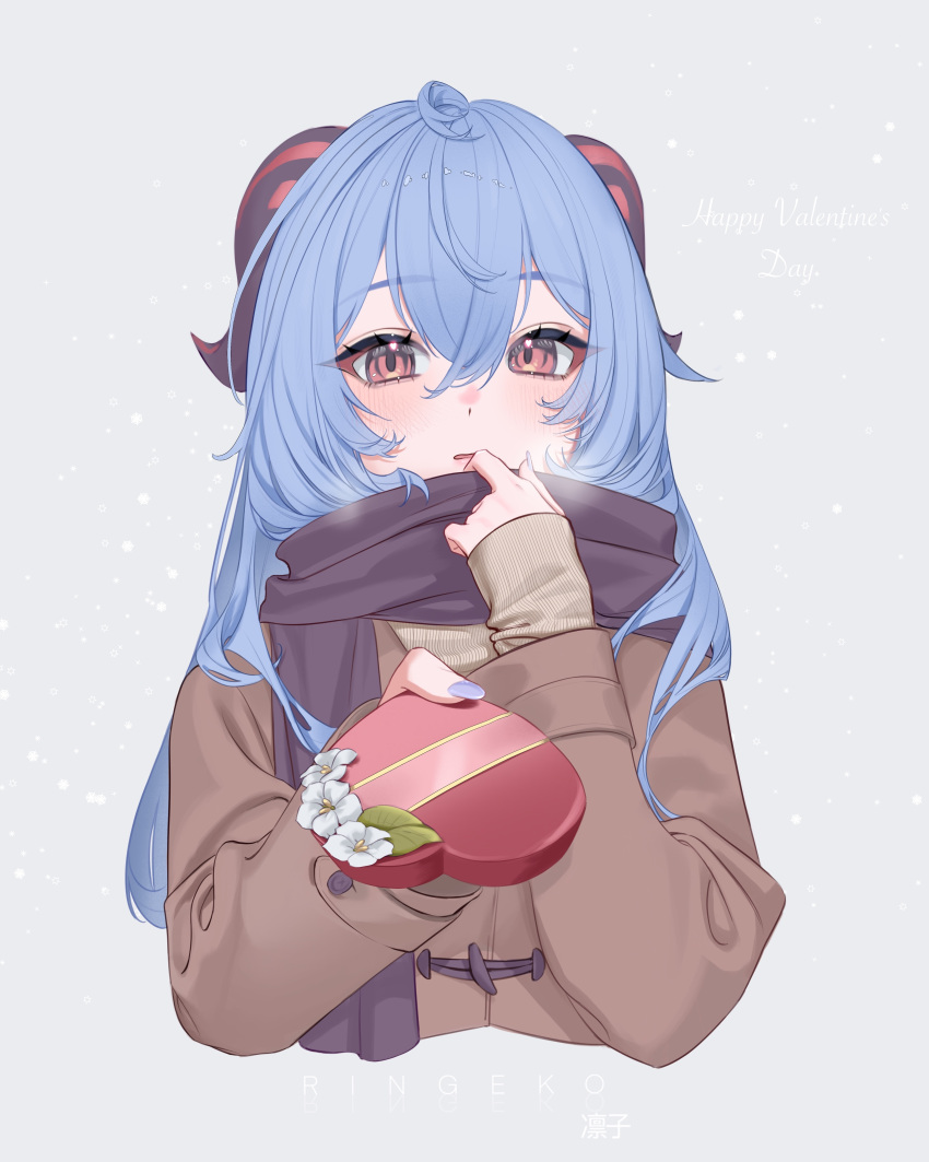1girl absurdres blue_hair blue_nails blush box brown_jacket cropped_torso curled_horns flower ganyu_(genshin_impact) genshin_impact gift hair_between_eyes heart-shaped_box highres holding holding_gift horns incoming_gift jacket layered_sleeves long_hair long_sleeves looking_at_viewer parted_lips red_eyes ringeko-chan scarf simple_background solo white_flower