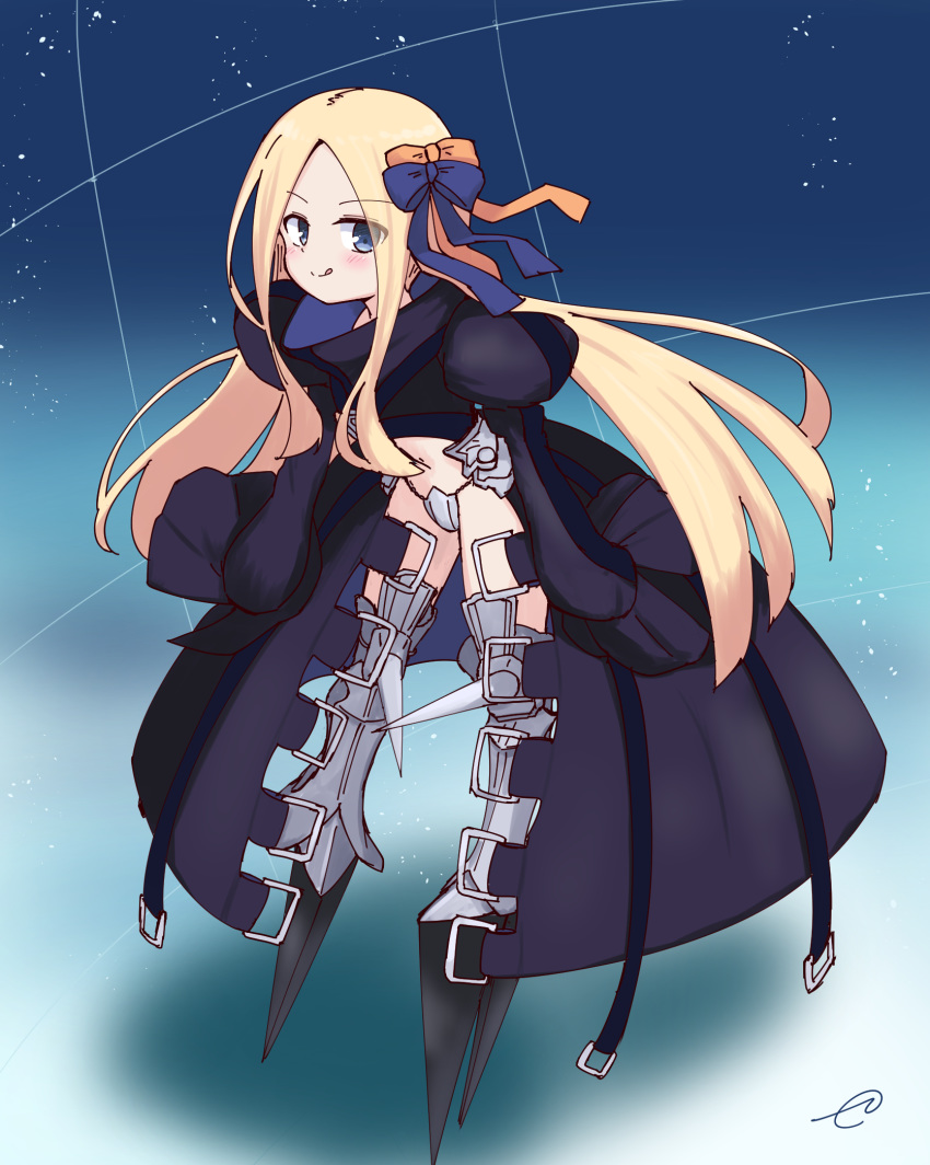 1girl :q abigail_williams_(fate/grand_order) bangs black_jacket blonde_hair blue_bow blue_eyes blush bow closed_mouth commentary_request cosplay crotch_plate eyebrows_visible_through_hair eyes_visible_through_hair fate/extra fate/extra_ccc fate/grand_order fate_(series) forehead full_body hair_bow highres jacket juliet_sleeves kujou_karasuma leaning_forward long_hair long_sleeves looking_at_viewer meltlilith meltlilith_(cosplay) navel orange_bow parted_bangs puffy_sleeves revision signature sleeves_past_fingers sleeves_past_wrists smile solo spikes standing tongue tongue_out v-shaped_eyebrows very_long_hair