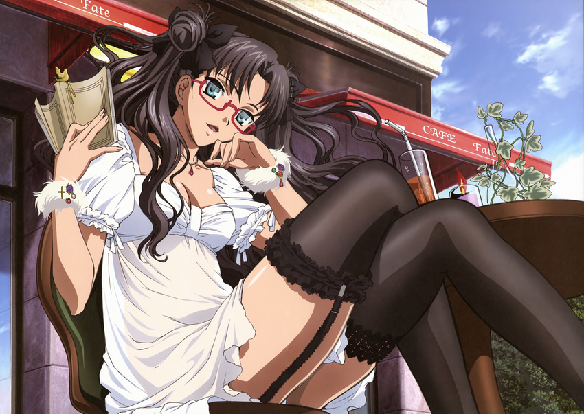 absurdres black_legwear book breasts cleavage crossed_legs day dress duplicate fate/stay_night fate_(series) garter_straps glasses highres lace lace-trimmed_thighhighs legs lingerie long_legs medium_breasts nishida_asako outdoors sitting solo thighhighs toosaka_rin two_side_up underwear