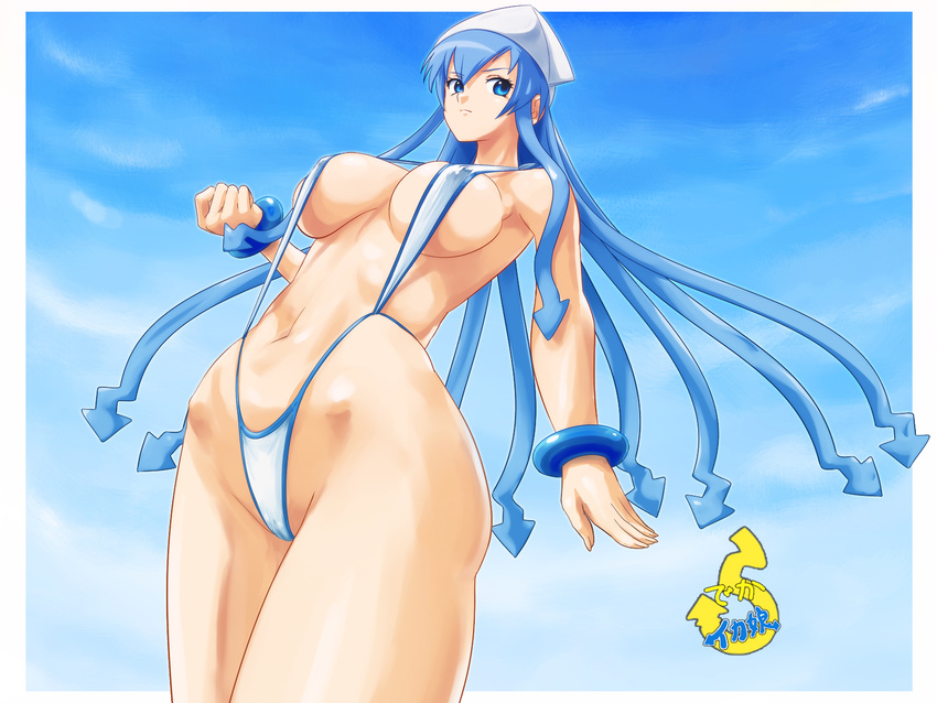 blue_eyes blue_hair bracelet breasts cameltoe cloud day from_below hat highres ikamusume jewelry large_breasts long_hair looking_back older rasukaru shinryaku!_ikamusume skindentation sky slingshot_swimsuit solo strap_gap swimsuit tentacle_hair tentacles