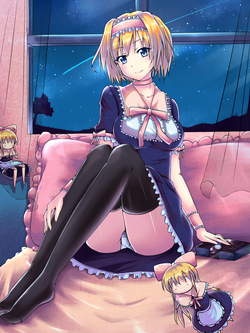 absurdres akimoto alice_margatroid black_legwear blonde_hair blue_eyes book breasts curtains doll hairband highres large_breasts night night_sky panties pantyshot pantyshot_(sitting) ribbon shanghai_doll shooting_star short_hair sitting sky solo star thighhighs touhou underwear window