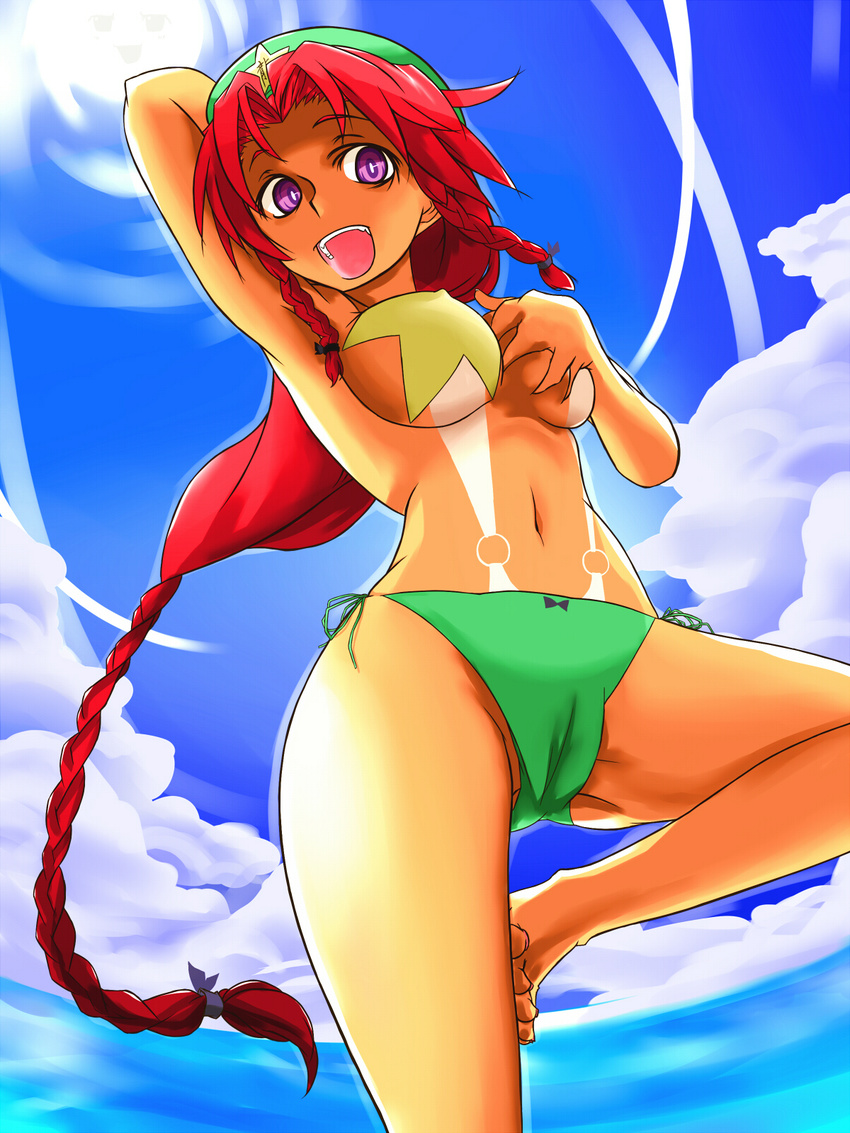 :d arm_behind_head arm_up armpits bad_id bad_pixiv_id barefoot bikini bikini_bottom braid bright_pupils cameltoe cloud covering covering_one_breast day from_below green_bikini hat highres hong_meiling long_hair navel open_mouth pasties purple_eyes red_hair self_fondle side-tie_bikini sky slingshot_tan smile solo standing standing_on_one_leg star_pasties sun swimsuit tan tanline touhou twin_braids ver5 very_long_hair white_pupils yukkuri_shiteitte_ne