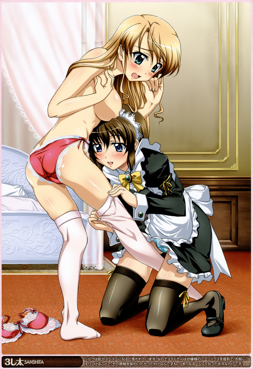 absurdres ass blonde_hair blue_eyes blue_panties blush bow bow_bra bow_panties bra bra_removed breasts brown_hair convenient_head dressing_another frills green_eyes highres kneeling lace lace-trimmed_panties large_breasts leg_between_thighs long_hair maid maid_headdress mary_janes multiple_girls open_mouth original panties pantyshot red_bra red_panties sanshita shiny shiny_skin shoes sideboob thighhighs topless underwear underwear_only undressing yuri