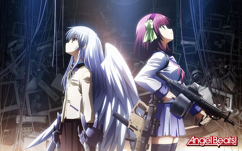 angel angel_beats! angel_wings assault_rifle breasts drum_magazine dual_drum_magazine gun highres hirata_katsuzou kriss_vector long_hair m4_carbine machine_pistol medium_breasts multiple_girls purple_hair rifle school_uniform short_hair skirt small_breasts submachine_gun tenshi_(angel_beats!) thighhighs vertical_foregrip wallpaper weapon wings yuri_(angel_beats!)