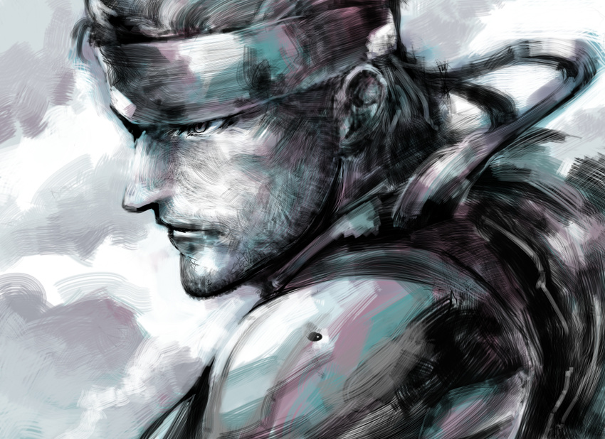 bad_id bad_pixiv_id expressionless from_side headband kuruuya male_focus metal_gear_(series) metal_gear_solid shoulder_pads solid_snake solo uniform upper_body