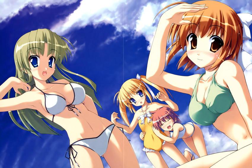 absurdres adjusting_hair ahoge arm_up armpits ass_visible_through_thighs bangs beads bent_over bikini blonde_hair blue_eyes blue_sky blush bow breasts casual_one-piece_swimsuit closed_eyes cloud covered_navel cowboy_shot crease day dutch_angle embarrassed eyebrows_visible_through_hair fang feet frilled_swimsuit frills front-tie_bikini front-tie_top green_bikini green_hair hair_bow hair_flip hair_ribbon halter_top halterneck happy head_tilt highres hinohara_homura hips kannagi_kotoko laughing leg_lift leg_up legs_apart legs_together long_hair looking_at_viewer medium_breasts medium_hair multiple_girls navel official_art one-piece_swimsuit onsokuzekuu orange_eyes orange_hair orihime_renka outdoors parted_bangs rebecca_alberto red_hair ribbon sandals scan shiny shiny_hair short_hair side-tie_bikini sideboob sidelocks sky small_breasts source_request sports_bikini standing standing_on_one_leg straight_hair surprised swimsuit tankini twintails utatemeguri white_bikini white_bow white_ribbon yellow_swimsuit