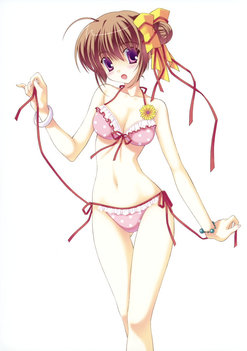 :o absurdres ahoge ass_visible_through_thighs bare_legs bare_shoulders bikini blush bracelet breasts brown_hair cleavage collarbone contrapposto frilled_bikini frills front-tie_top hair_bun hair_ribbon head_tilt highres hips jewelry large_breasts looking_at_viewer nanao_naru narrow_waist navel open_mouth original pink_bikini pinky_out polka_dot polka_dot_bikini polka_dot_swimsuit purple_eyes red_ribbon ribbon scan side-tie_bikini side_bun simple_background solo standing swimsuit thigh_gap undressing white_background