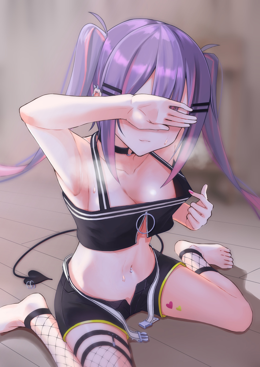 1girl absurdres armpits asymmetrical_legwear bangs belt black_choker black_shirt black_shorts breasts choker covering_own_eyes crop_top e-wing_(ewingillustrate) ear_piercing hair_ornament hairclip halterneck heavy_breathing highres hololive light_blush medium_breasts midriff multicolored_hair navel navel_piercing nipples no_shoes open_fly piercing pink_hair pink_nails pulled_by_self purple_hair shirt short_shorts shorts single_garter sitting solo streaked_hair sweat tokoyami_towa twintails virtual_youtuber wariza