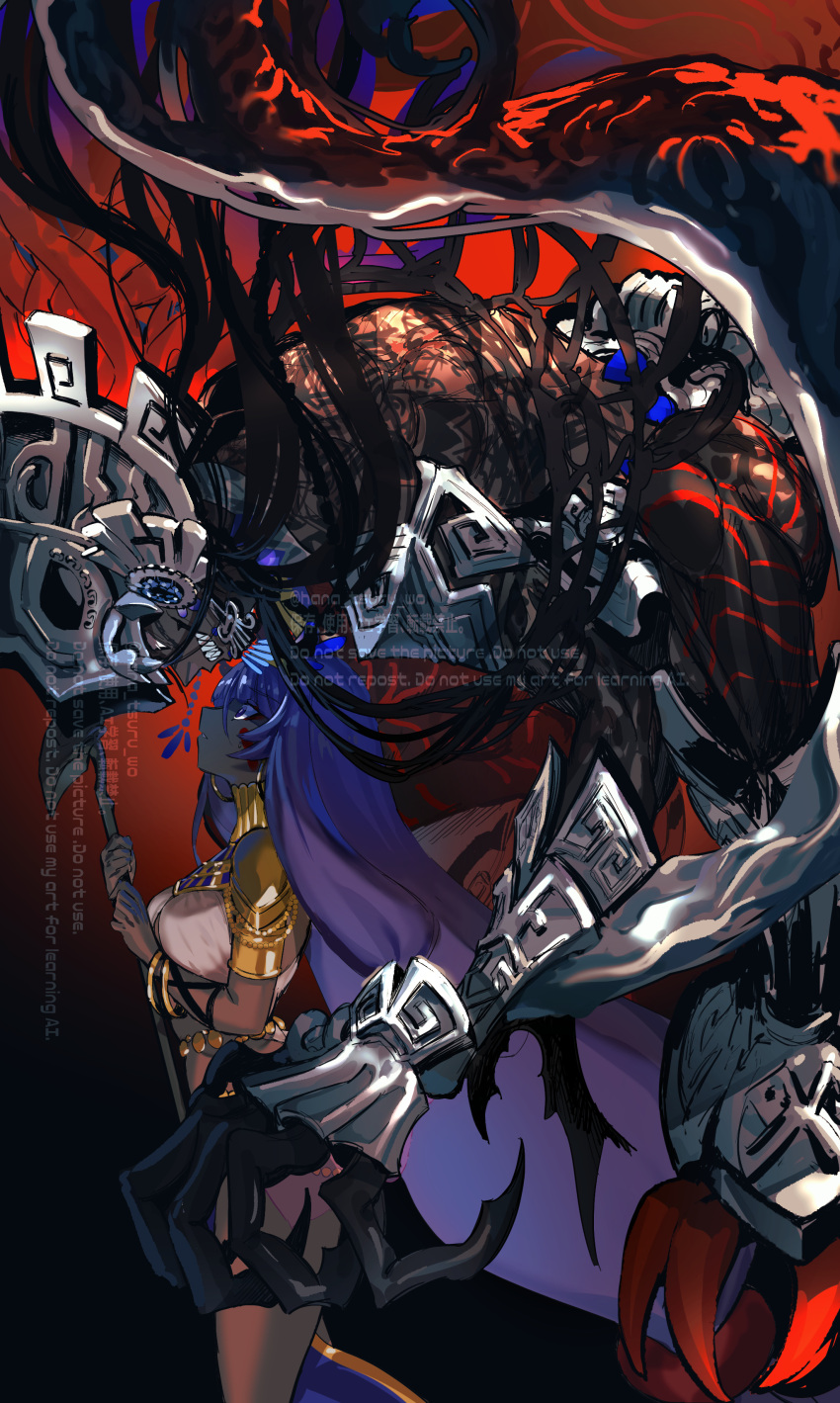 1boy 1girl absurdres armor black_eyes black_hair black_skin camazotz_(fate) claws colored_skin dark-skinned_female dark-skinned_male dark_skin eye_contact fate/grand_order fate_(series) from_side full-body_tattoo gradient_background grin headpiece highres holding holding_staff long_hair looking_at_another nitocris_(fate) parted_lips profile purple_eyes purple_hair red_background sharp_teeth simple_background size_difference smile squatting staff sugomori_tsuru_(artist) surprised tattoo teeth very_long_hair watermark