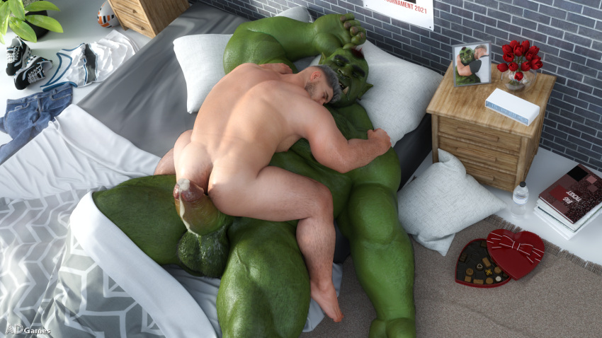 ad-games balls bodily_fluids boruk_(ad-games) cum duo genital_fluids genitals green_body green_skin hi_res human humanoid johnathan_(ad-games) male male/male mammal muscular muscular_male orc penis sleeping vein veiny_muscles