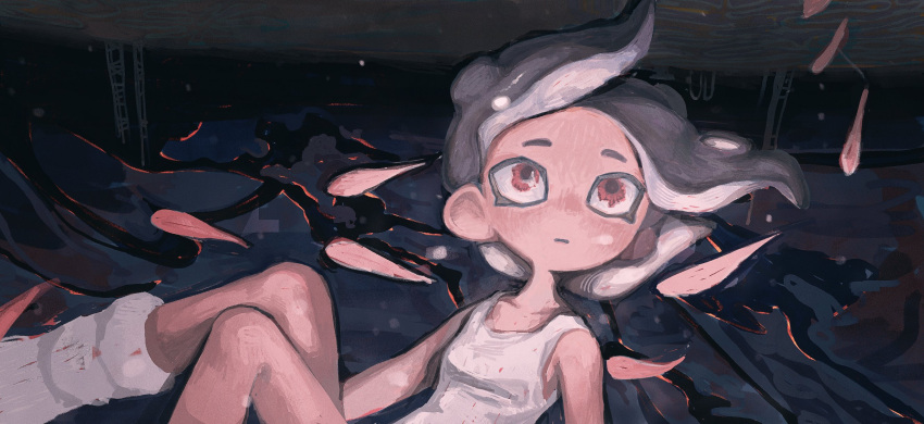 1girl bare_shoulders black_hair bodysuit breasts closed_mouth collarbone dr_mice fish floating_hair highres looking_up medium_hair octoling octoling_girl red_eyes school_of_fish sleeveless sleeveless_bodysuit small_breasts socks solo splatoon_(series) splatoon_3 splatoon_3:_side_order suction_cups tentacle_hair white_bodysuit white_socks