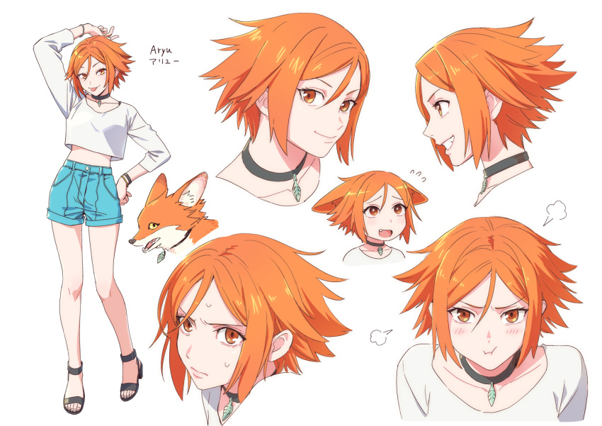 1girl =_= a-ka animal_ears aqua_shorts arm_up aryu_(a-ka) black_footwear blush bracelet breasts character_name closed_mouth collar crop_top fang flying_sweatdrops fox fox_ears grin high_heels jewelry long_sleeves looking_at_viewer midriff multiple_views open_mouth orange_eyes orange_hair original pout shirt short_hair short_shorts shorts sidelocks small_breasts smile strappy_heels sweatdrop tongue white_background white_shirt