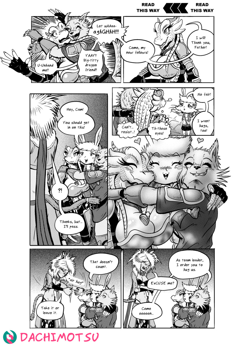 &lt;3 accessory animal_humanoid anthro armor big_breasts black_and_white boots bottomwear breasts cam'wethrin canid canid_humanoid canine canine_humanoid cape cat_humanoid cheek_tuft clothing comic dachimotsu dragon dragon_humanoid embrace english_text facial_tuft felid felid_humanoid feline feline_humanoid female fingerless_gloves footwear gloves group group_hug hair_accessory handwear hi_res horn hug humanoid kornari_vor_(dachimotsu) lagomorph lagomorph_humanoid legwear leporid_humanoid mammal mammal_humanoid manga mono_(dachimotsu) monochrome multi_breast rabbit_humanoid right_to_left scarf screentone serigala_(dachimotsu) skirt speech_bubble text thigh_boots thigh_highs tuft we're_a_party_and_you're_invited! whiskers wolf_humanoid