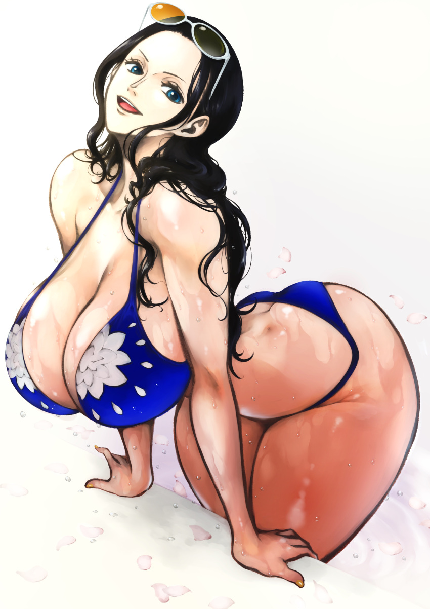 1girl absurdres alternate_breast_size arched_back arm_support ass bent_over bikini black_hair breasts cleavage collarbone curvy dimples_of_venus eyewear_on_head fingernails floral_print green_eyes halterneck head_tilt highres huge_breasts kyuugata long_hair looking_at_viewer nail_polish nico_robin one_piece open_mouth outstretched_arms petals print_bikini smile solo sunglasses swimsuit water wet yellow_nails