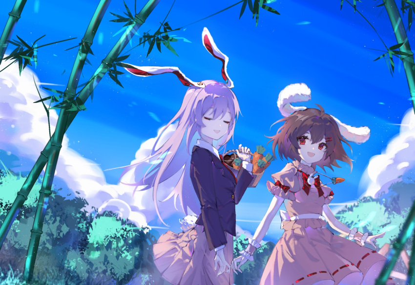 2girls animal_ears bamboo bangs basket black_hair black_jacket blazer bow carrot carrot_necklace closed_eyes cloud day dress food hair_between_eyes hair_ornament hairclip highres holding holding_basket inaba_tewi jacket jewelry light_purple_hair long_hair long_sleeves multiple_girls necklace open_mouth pink_dress pink_skirt pleated_skirt rabbit_ears rabbit_tail red_bow red_eyes reisen_udongein_inaba ringo_no_usagi_(artist) short_hair short_sleeves skirt sky smile tail touhou vegetable