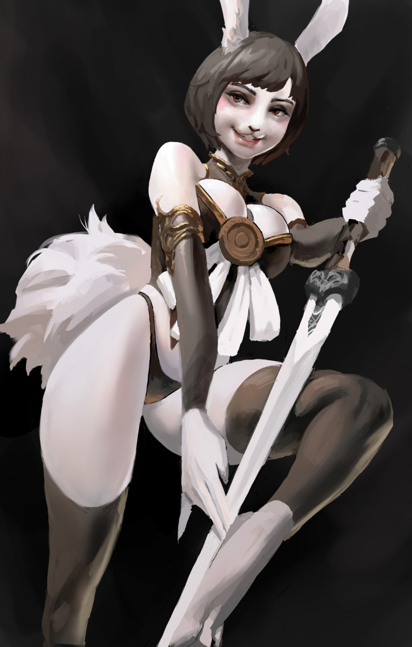2023 3_toes 4_fingers absurd_res anthro big_breasts black_hair breasts cleavage clothed clothing eyebrows eyelashes feet female fingers fur hair hi_res holding_object holding_sword holding_weapon lagomorph leporid looking_at_viewer mammal melee_weapon momo_fox panties rabbit short_hair sleeves smile solo sword toes underwear weapon white_body white_fur