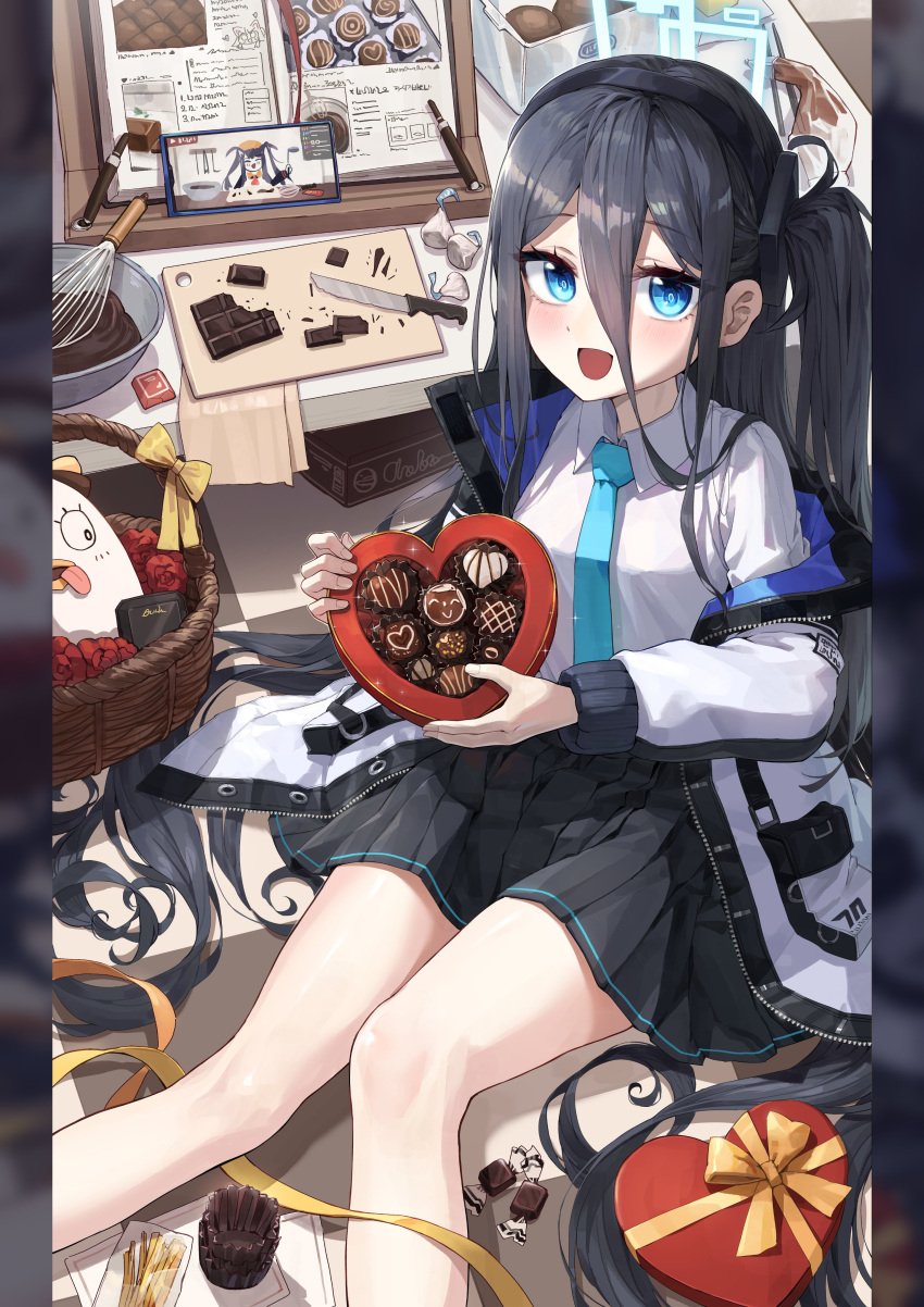 1girl absurdly_long_hair absurdres aris_(blue_archive) black_hairband blue_archive blue_hair blue_necktie blush box box_of_chocolates candy cellphone chocolate cookbook cooking cutting_board dark_blue_hair food fuuka_(blue_archive) gift gift_box hair_between_eyes hair_spread_out hairband halo heart heart-shaped_box heart-shaped_chocolate highres holding holding_box holding_gift kitchen_knife kokukyukeo ladle long_hair necktie one_side_up peroro_(blue_archive) phone ringed_eyes smartphone solo valentine very_long_hair whisk