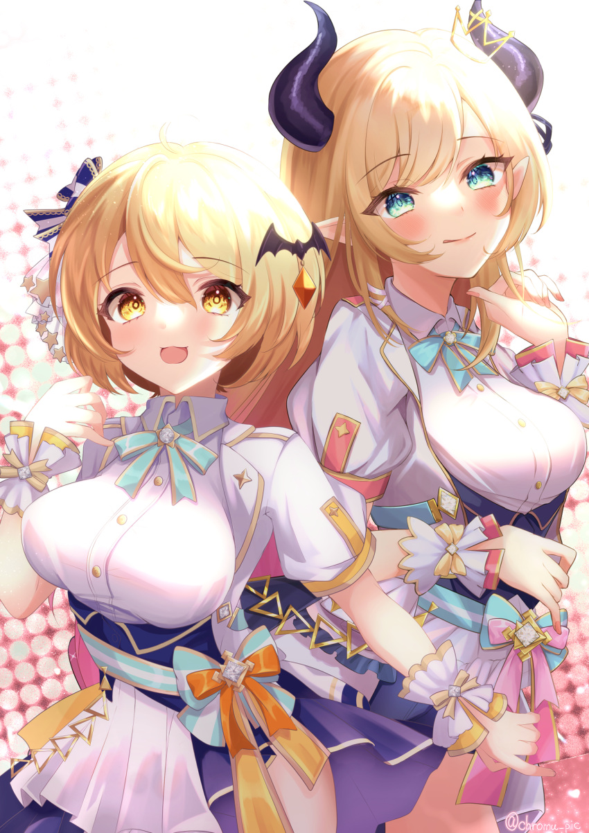 2girls ahoge bangs bat_hair_ornament blonde_hair blue_eyes blue_skirt blush bow bowtie breasts corset demon_girl demon_horns demon_wings hair_ornament highres hololive hololive_idol_uniform_(bright) horns jacket large_breasts layered_skirt long_hair looking_at_viewer multiple_girls open_mouth overskirt pointy_ears puffy_short_sleeves puffy_sleeves sash shirokumo_kuromu shirt short_hair short_sleeves skirt smile two-sided_fabric two-sided_skirt underbust virtual_youtuber white_jacket white_shirt white_skirt wings wrist_cuffs yellow_eyes yozora_mel yuzuki_choco