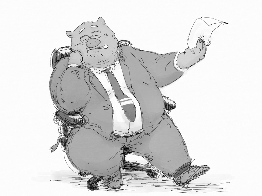 2023 anthro bottomwear chair clothing eyes_closed eyewear furniture glasses hi_res humanoid_hands kemono male mammal necktie overweight overweight_male pants pommn_mn shirt sitting solo suid suina sus_(pig) topwear wild_boar