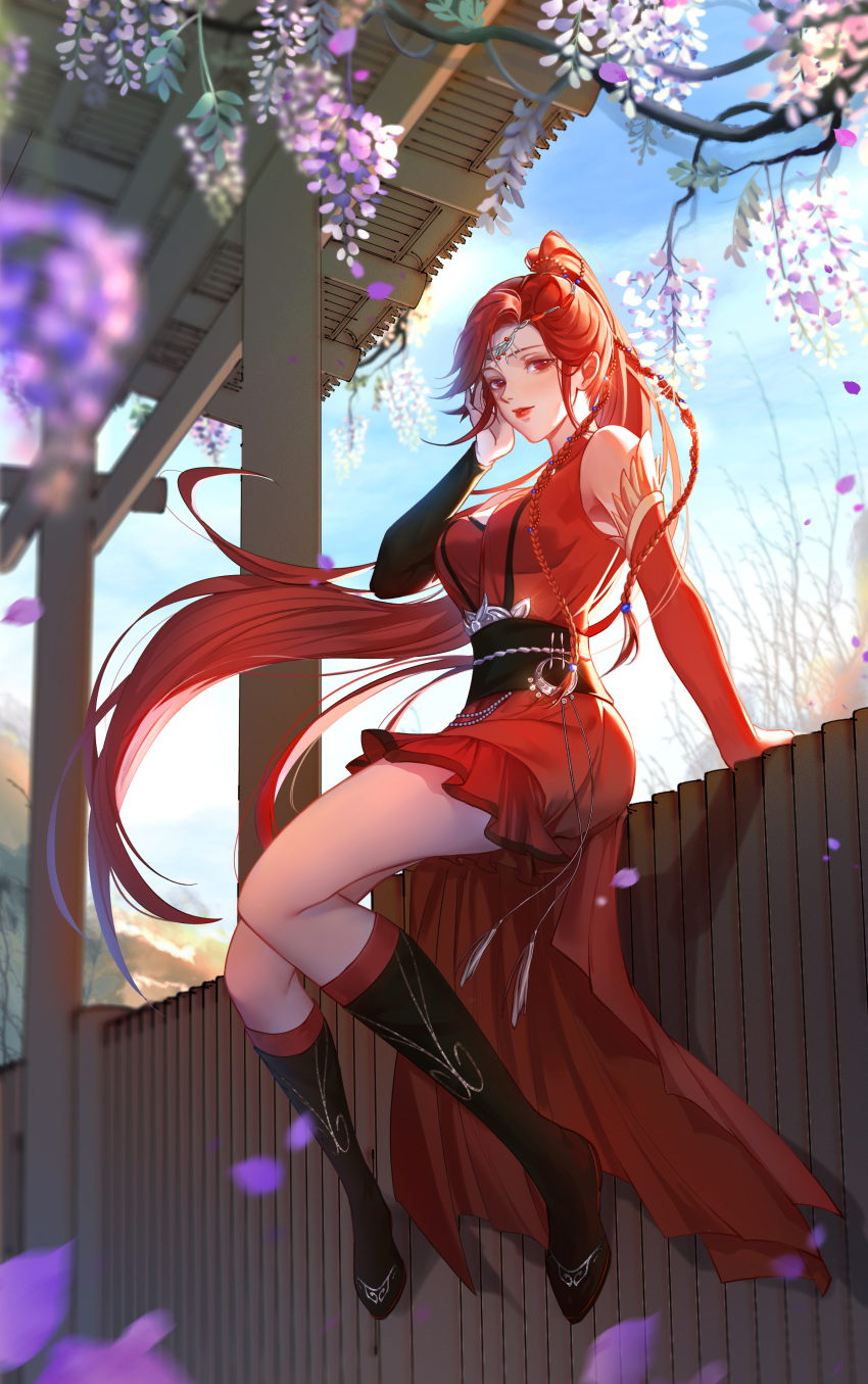 1girl absurdres bi_ting_(xia_lan) blue_sky closed_mouth dress falling_petals flower from_below full_body glint hand_on_own_face highres jianghu_chuan_bai_you_jie long_hair looking_at_viewer petals ponytail red_dress red_eyes red_footwear red_hair second-party_source sitting sky solo wisteria xia_lan