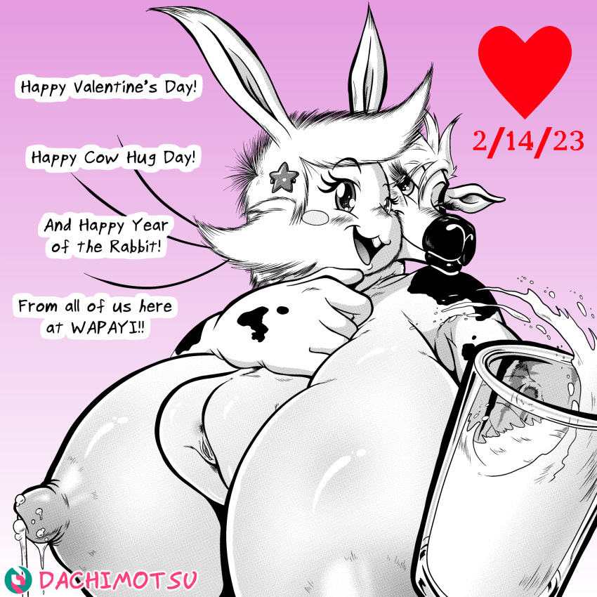 &lt;3 accessory animal_humanoid anthro anus beer_glass beer_mug big_breasts black_and_white blush bodily_fluids body_between_breasts bottomwear bovid bovid_humanoid bovine bovine_humanoid breasts cattle_humanoid cheek_tuft chinese_zodiac clothing cow_hug_day dachimotsu duo embrace english_text facial_tuft female genitals hair_accessory hi_res holidays hug huge_breasts humanoid lactating lagomorph lagomorph_humanoid leporid_humanoid mammal mammal_humanoid milk mono_(dachimotsu) monochrome pussy rabbit_humanoid screentone skirt text tuft valentine's_day we're_a_party_and_you're_invited! whiskers year_of_the_rabbit