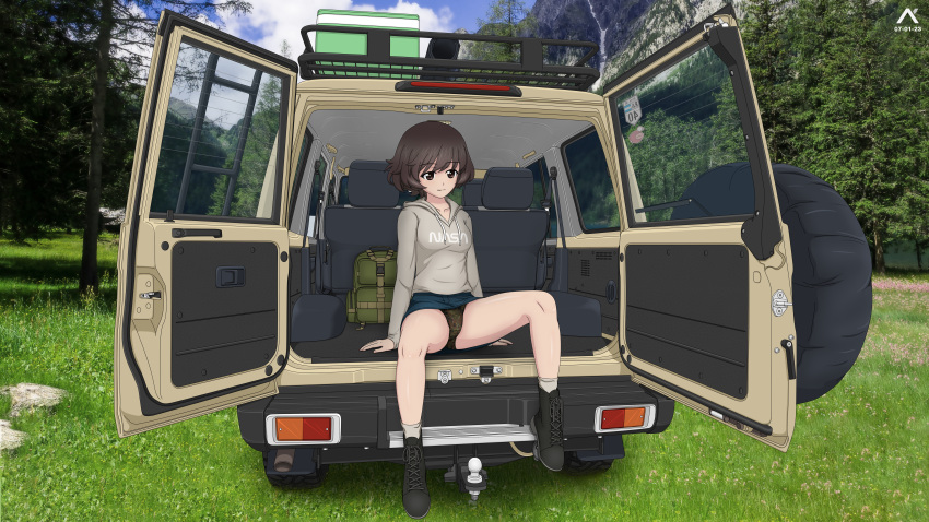 absurdres acrux akiyama_yukari ankle_boots artist_logo backpack bag bangs black_footwear blue_skirt blue_sky boots brown_eyes brown_hair camouflage camouflage_panties car casual closed_mouth cloud cloudy_sky commentary crotch_seam dated day drawstring english_commentary forest girls_und_panzer grass green_panties grey_hoodie grey_skirt ground_vehicle highres hood hood_down hoodie messy_hair miniskirt motor_vehicle nasa_logo nature outdoors panties pantyshot photo_background short_hair sitting skirt sky smile sports_utility_vehicle spread_legs underwear