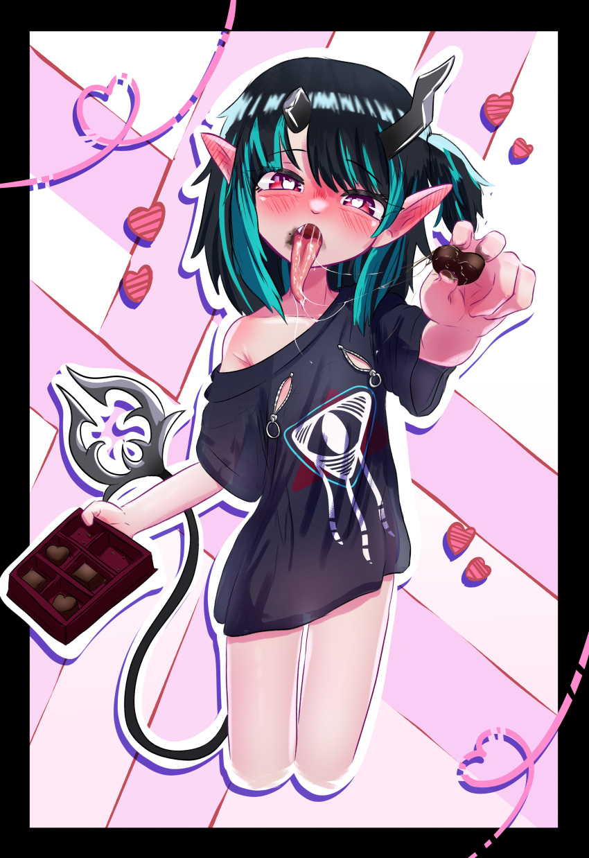 1girl 774_inc. absurdres bangs black_border black_hair black_shirt blue_hair blush border box bright_pupils candy chocolate commentary_request cropped_legs demon_girl demon_horns demon_tail ear_blush eye_of_providence fang feet_out_of_frame flat_chest food hair_between_eyes heart heart-shaped_chocolate heart-shaped_pupils highres holding holding_box holding_chocolate holding_food horns incoming_food indirect_kiss long_tongue looking_at_viewer medium_hair multicolored_hair nose_blush off_shoulder official_alternate_costume one_side_up open_mouth pointy_ears red_eyes rgm_jesta saliva saliva_trail shirt shishio_chris short_sleeves solo sugar_lyric symbol-shaped_pupils tail tongue two-tone_hair valentine virtual_youtuber white_pupils zipper