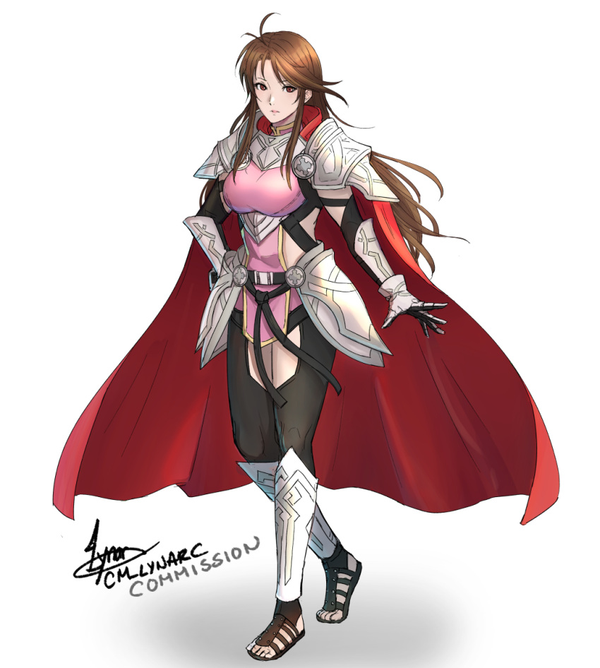 1girl antenna_hair armor artist_name black_gloves black_thighhighs brown_hair cape cm_lynarc commission fire_emblem fire_emblem:_mystery_of_the_emblem fire_emblem_heroes gauntlets gloves highres long_hair red_cape sandals sheena_(fire_emblem) signature simple_background solo thighhighs white_background