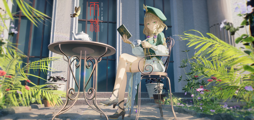 1girl absurdres ame999 bangs book breasts brown_hair bug butterfly chair cup dress flower from_below genshin_impact gold_choker green_eyes green_headwear hair_between_eyes hair_flower hair_ornament high_heels highres holding holding_book jewelry large_breasts lisa_(a_sobriquet_under_shade)_(genshin_impact) lisa_(genshin_impact) long_hair long_sleeves neck_ring official_alternate_costume outdoors plant puffy_long_sleeves puffy_sleeves purple_flower purple_rose rose sitting solo table teapot thighlet vision_(genshin_impact) window