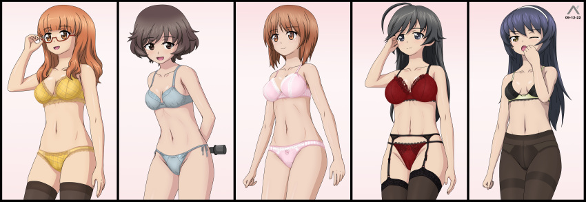 5girls absurdres acrux adjusting_eyewear ahoge akiyama_yukari arms_behind_back artist_logo bangs black_eyes black_garter_belt black_hair black_pantyhose black_thighhighs blunt_bangs bow bow_bra bow_panties bra breasts brown_eyes brown_hair closed_mouth commentary crotch_seam dated english_commentary explosive girls_und_panzer glasses grenade grey_panties hairband hand_in_own_hair highres holding holding_weapon isuzu_hana lace-trimmed_bra lace-trimmed_panties lace_trim long_hair looking_at_viewer looking_to_the_side medium_breasts messy_hair multiple_girls navel nishizumi_miho one_eye_closed open_mouth orange_eyes orange_hair panties panties_under_pantyhose pantyhose pink_bra pink_panties plaid plaid_bra plaid_panties red-framed_eyewear red_bra red_panties reizei_mako semi-rimless_eyewear short_hair side-tie_panties small_breasts smile standing stielhandgranate string_panties takebe_saori thighband_pantyhose thighhighs under-rim_eyewear underwear underwear_only weapon white_hairband yawning yellow_bra yellow_panties