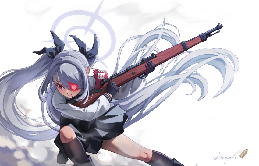 1girl absurdly_long_hair black_footwear black_gloves black_ribbon black_skirt black_socks blue_archive bolt_action floating_hair gloves glowing glowing_eye grey_hair gun hair_over_one_eye hair_ribbon highres holding holding_gun holding_weapon iori_(blue_archive) kneehighs long_hair long_sleeves looking_down looking_to_the_side outstretched_leg pleated_skirt red_eyes reloading ribbon rifle shell_casing shirakawafel shirt skirt smoke socks solo squatting twintails twitter_username very_long_hair weapon white_background white_shirt