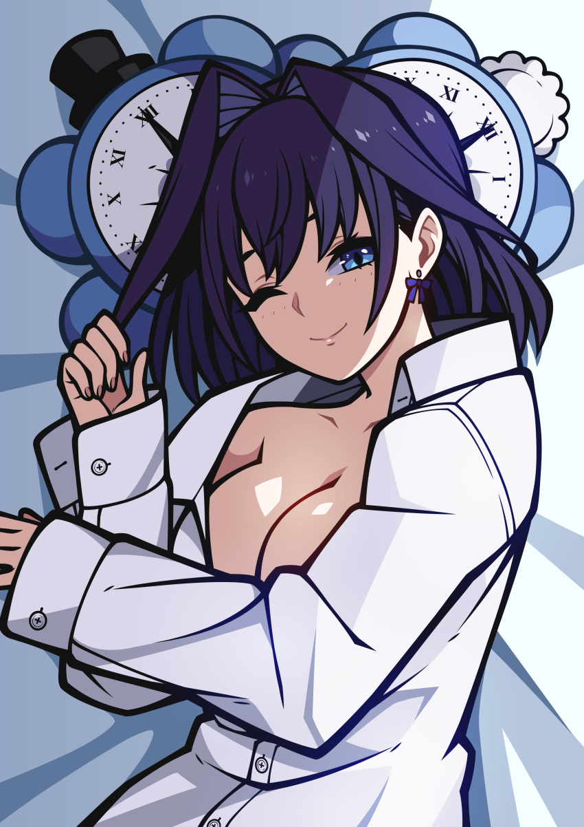 1girl absurdres bacon_strips blue_eyes blue_hair bow bow_earrings breasts cleavage closed_mouth commentary dress_shirt earrings english_commentary from_above hair_intakes highres hololive hololive_english jewelry kronie_(ouro_kronii) long_sleeves looking_at_viewer lying medium_breasts morning no_bra on_bed on_side one_eye_closed ouro_kronii shirt short_hair smile solo upper_body virtual_youtuber white_shirt