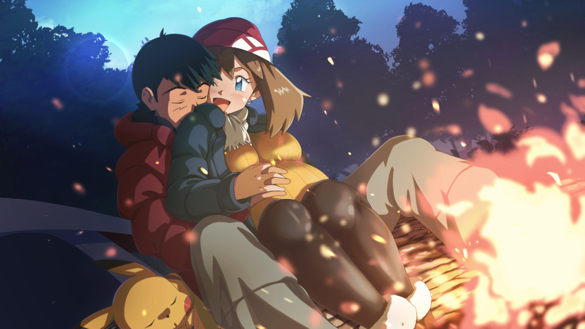 1boy 1girl ;d alternate_costume ash_ketchum bangs beanie black_hair blue_eyes boots breasts brown_footwear brown_hair campfire commentary commission earrings eyelashes fire happy hat hetero highres hood hood_down hooded_jacket jacket jewelry long_sleeves may_(pokemon) one_eye_closed oni-sanart open_mouth outdoors pants pikachu pokemon pokemon_(anime) pokemon_(creature) pregnant red_headwear red_jacket scarf short_hair sitting sky smile tree