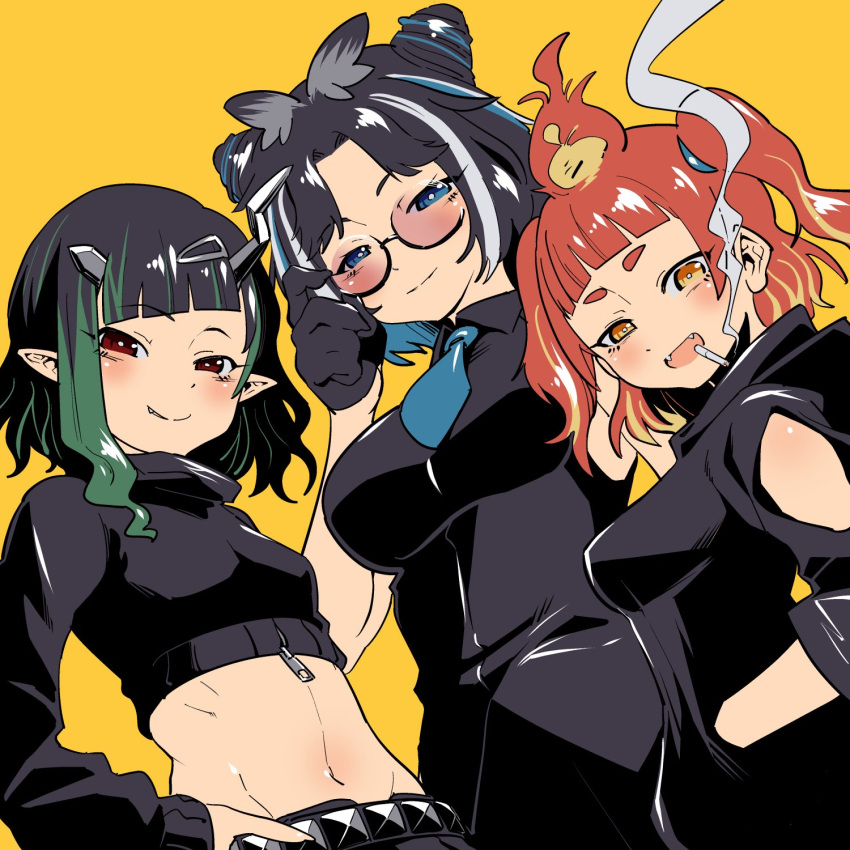 3girls 774_inc. alternate_costume animare belt black_gloves black_hair black_jacket black_shirt blonde_hair blue_eyes blue_hair blue_necktie blush breasts bright_pupils cigarette closed_mouth collared_shirt commentary_request cone_hair_bun crop_top demon_girl demon_horns fang fang_out fangs gloves green_hair grin hair_bun hair_ornament hairclip hand_in_pocket highres hikasa_tomoshika horns jacket long_sleeves looking_at_viewer medium_breasts medium_hair midriff multicolored_hair multiple_girls nantyu-a navel necktie open_mouth orange_hair oura_rukako pink-tinted_eyewear pointy_ears red_eyes shirt shishio_chris short_hair simple_background small_breasts smile smoke smoking streaked_hair studded_belt sugar_lyric sunglasses tinted_eyewear two-tone_hair two_side_up upper_body virtual_youtuber voms white_hair white_pupils yellow_background zipper
