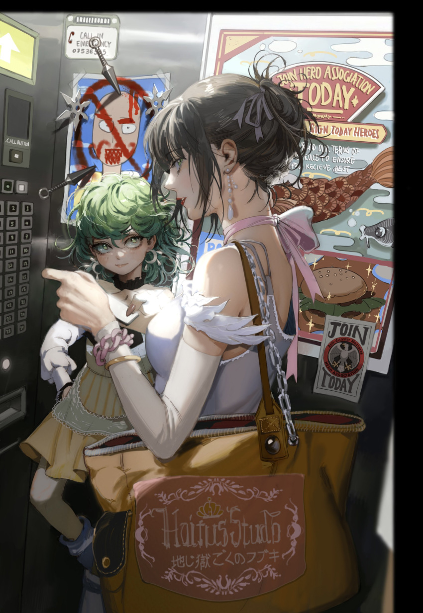 2girls absurdres ankle_boots arrow_(symbol) bag bangle bangs bare_shoulders black_hair boots bracelet breasts burger casual chain child's_drawing choker closed_mouth crescent crescent_earrings curly_hair detached_sleeves earrings elevator english_text fish folded_ponytail food fubuki_(one-punch_man) green_eyes green_hair grey_ribbon hair_between_eyes hair_ribbon highres holding holding_phone indoors jewelry knee_up koi kunai lipstick long_sleeves looking_at_viewer makeup miniskirt multiple_girls nail_polish one-punch_man phone pink_ribbon planted poster_(object) profile puffy_long_sleeves puffy_sleeves red_lips ribbon shirt short_hair shoulder_bag shuriken siblings sideways_glance sisters skindentation skirt smile sparkle tatsumaki thisuserisalive updo weapon white_shirt yellow_skirt