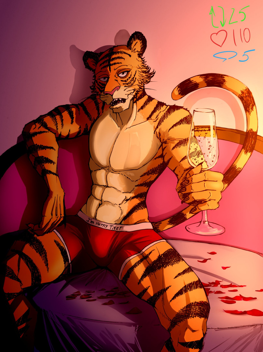 2023 5_fingers abs alcohol anthro athletic athletic_anthro athletic_male beastars bedroom_eyes bengal_tiger beverage bill_(beastars) black_stripes boxer_briefs boxer_briefs_only bulge champagne champagne_glass claws clothed clothing container cup drinking_glass fangs felid finger_claws fingers firelight flower_petals fur glass glass_container glass_cup hi_res humanoid_hands looking_at_viewer male mammal narrowed_eyes ograda_v orange_body orange_fur pantherine petals pink_nose rose_petals seductive shadow sitting smile solo spread_legs spreading strip_meme striped_body striped_fur stripes teeth tiger topless topless_anthro topless_male underwear underwear_only whiskers