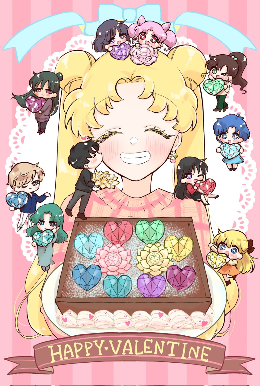 6+girls aino_minako bishoujo_senshi_sailor_moon blonde_hair blue_hair brown_hair chiba_mamoru chibi_usa closed_eyes green_eyes happy_valentine heart hetero highres hino_rei kaiou_michiru kino_makoto mizuno_ami multiple_girls one_eye_closed pnpp_tako purple_eyes short_hair smile teeth ten'ou_haruka tomoe_hotaru tsukino_usagi valentine yuri