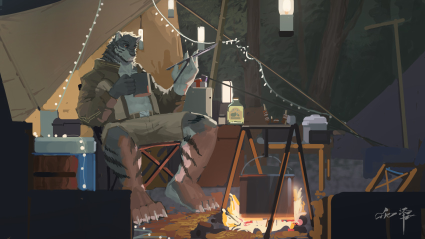 16:9 anthro awaldkize bottomwear brown_body brown_clothing brown_fur brown_jacket brown_topwear campfire cheek_tuft claws clothed clothing facial_tuft full-length_portrait fur grey_body grey_fur head_tuft hi_res holding_mug holding_object jacket male mouth_closed mug neck_tuft outside plant portrait red_eyes shorts signature sitting solo striped_body striped_fur striped_legs stripes tan_bottomwear tan_clothing tan_jacket tan_shorts tan_topwear tent topwear tree tuft white_body white_claws white_fur widescreen