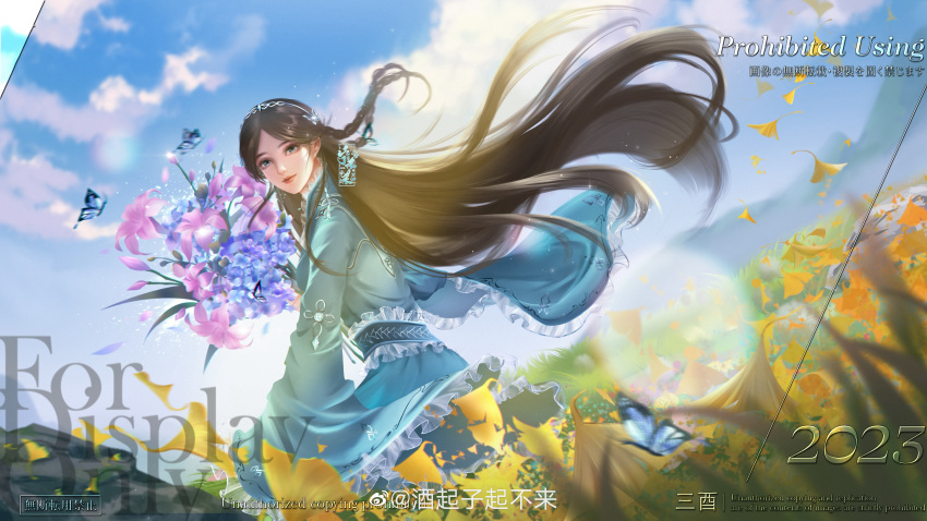 1girl absurdres blue_dress blue_flower braid brown_hair bug butterfly closed_mouth cloud douluo_dalu dress field floating_hair flower flower_field frilled_sash highres long_hair long_sleeves mountain ning_rongrong_(douluo_dalu) outdoors pink_flower sash second-party_source sha_shan sitting smile solo tiara upper_body watermark