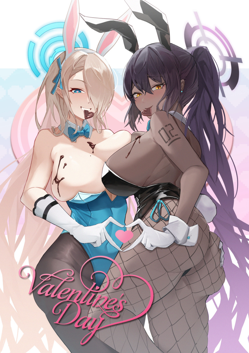 2girls absurdres animal_ears ass asuna_(blue_archive) asuna_(bunny)_(blue_archive) bangs bare_shoulders black_leotard blue_archive blue_bow blue_bowtie blue_eyes blue_leotard blush bow bowtie breast_press breasts candy chocolate chocolate_on_body chocolate_on_breasts commentary dark-skinned_female dark_skin detached_collar elbow_gloves english_commentary english_text fake_animal_ears fake_tail fishnet_pantyhose fishnets food food_on_body gloves hair_over_one_eye hairband halo hand_on_another's_ass heart heart-shaped_chocolate heart-shaped_pupils highleg highleg_leotard highres joker0744g karin_(blue_archive) karin_(bunny)_(blue_archive) large_breasts leotard long_hair mouth_hold multiple_girls one_eye_covered pantyhose parted_lips playboy_bunny ponytail purple_hair rabbit_ears rabbit_tail smile symbol-shaped_pupils symmetrical_docking tail teeth thighs valentine very_long_hair white_gloves white_hairband yellow_eyes