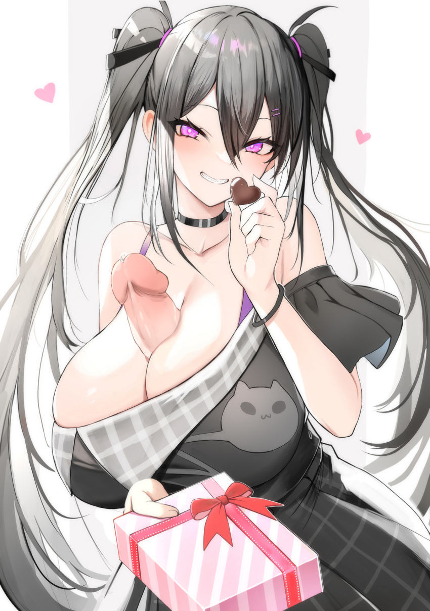 1girl autopaizuri bangs bare_shoulders black_dress black_hair blush box breasts candy chocolate choker cleavage collarbone commentary dress erection food futanari gift gift_box grin hair_between_eyes heart heart-shaped_chocolate highres huge_breasts huge_penis long_hair looking_at_viewer luse_maonang masturbation off-shoulder_dress off_shoulder original paizuri penis purple_eyes smile solo symbol-only_commentary twintails uncensored valentine yuuki_nanase