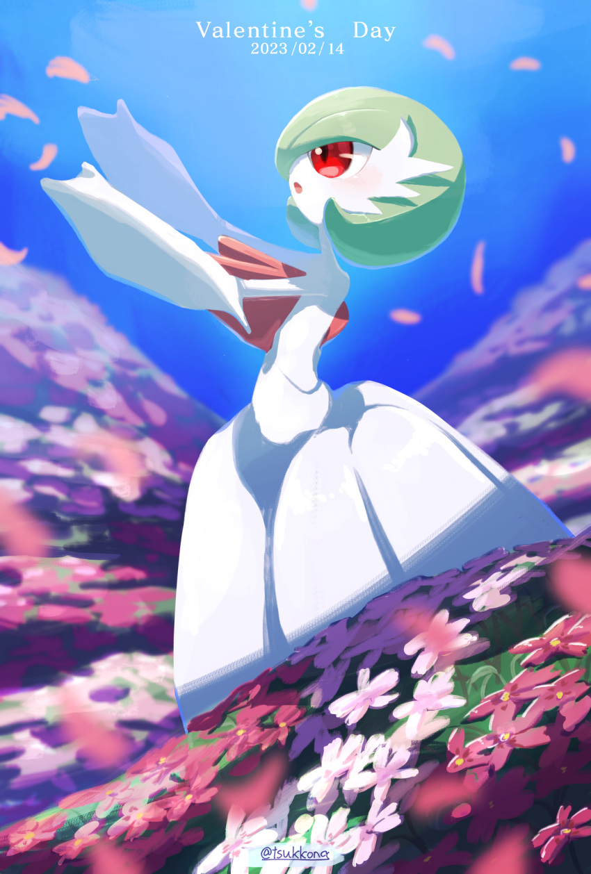1girl arms_up artist_name bangs bare_shoulders blue_background blue_sky blurry blurry_background blurry_foreground blush bob_cut colored_skin commentary_request cropped dated day dress elbow_gloves english_commentary english_text falling_petals field flat_chest flower flower_field from_side gardevoir gloves green_hair highres mega_gardevoir mega_pokemon mixed-language_commentary open_mouth outdoors partial_commentary petals pink_flower pokemon pokemon_(creature) profile red_eyes short_hair signature sky solo standing strapless strapless_dress tsukkon twitter_username valentine white_dress white_flower white_gloves white_skin