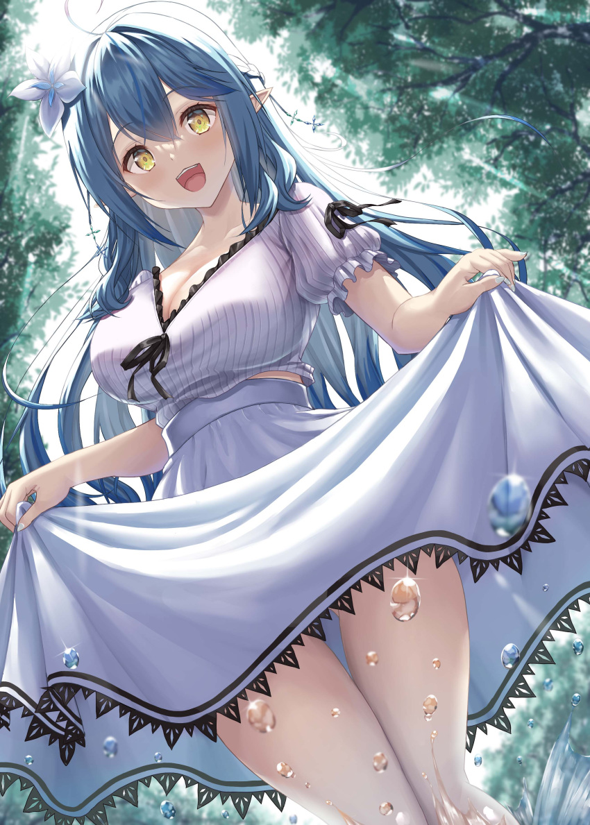 1girl :d absurdres ahoge blue_hair breasts bubble cleavage clothes_lift collarbone dress flower hair_flower hair_ornament heart heart_ahoge highres hololive large_breasts long_hair long_skirt looking_at_viewer open_mouth skirt skirt_lift smile solo thighs uehiro virtual_youtuber water white_skirt yellow_eyes yukihana_lamy